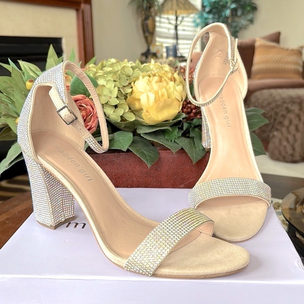 Brand New Madden Girl Beella Rhinestone Heels Blush Multi Block Heel Prom Dance